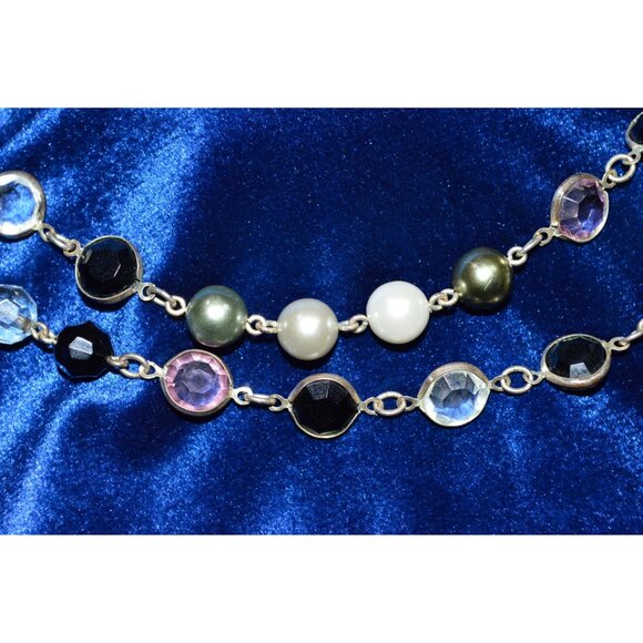 Premier Designs Multi Strand Necklace Black Clear Gemstones Chain Faux Pearls - Picture 4 of 6